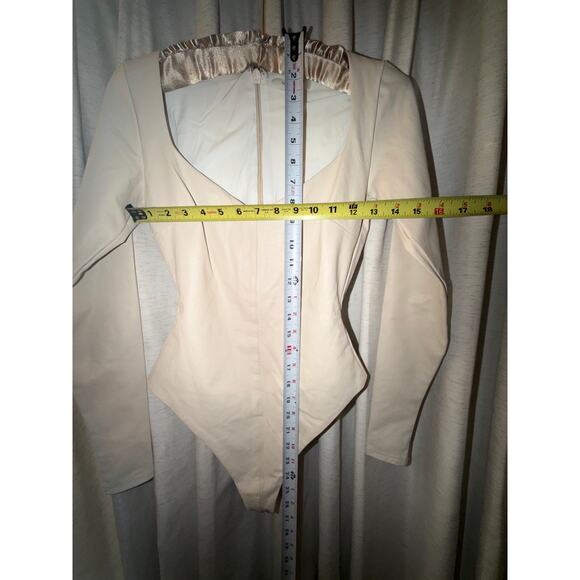 Cream Ivory White Vegan Leather Bodysuit S Long Sleeve Sweetheart Bridal Winter - Picture 6 of 9